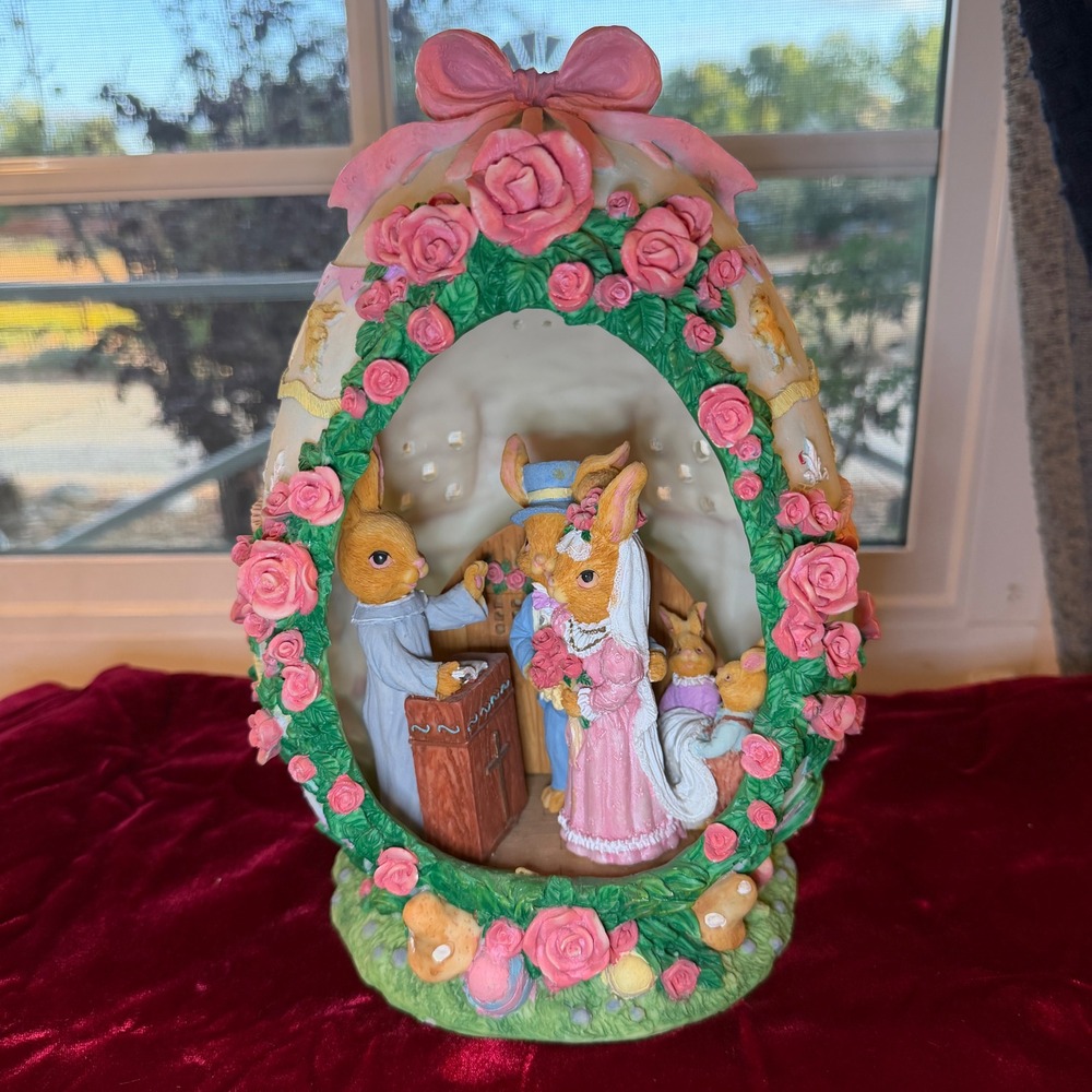 Vintage Rabbit Wedding Diorama Resin Easter Egg‎ Figurine Pink Roses Decor